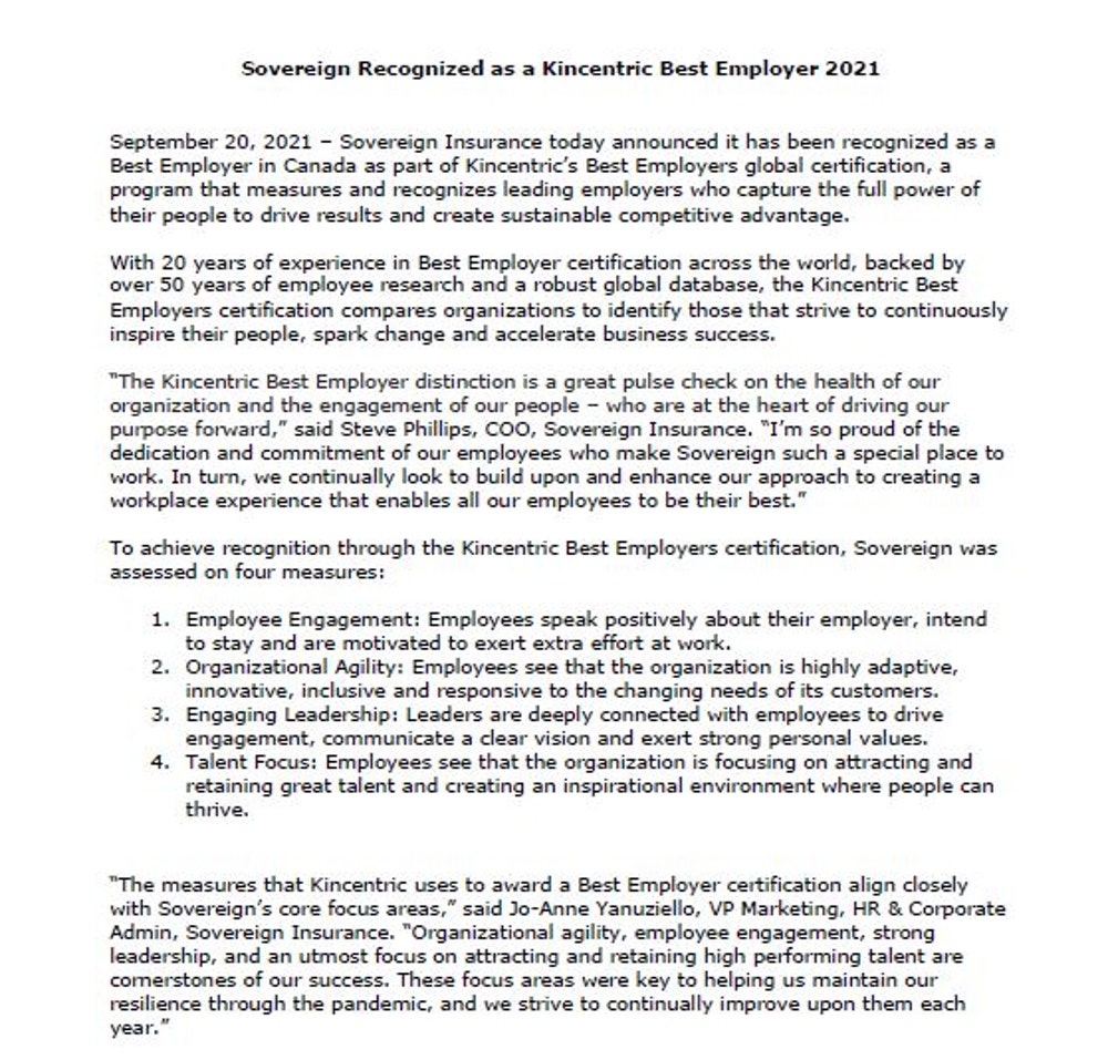 Une capture d'écran du communiqué de presse "Sovereign Recognized as a Kincentric Best Employer 2021" en anglais